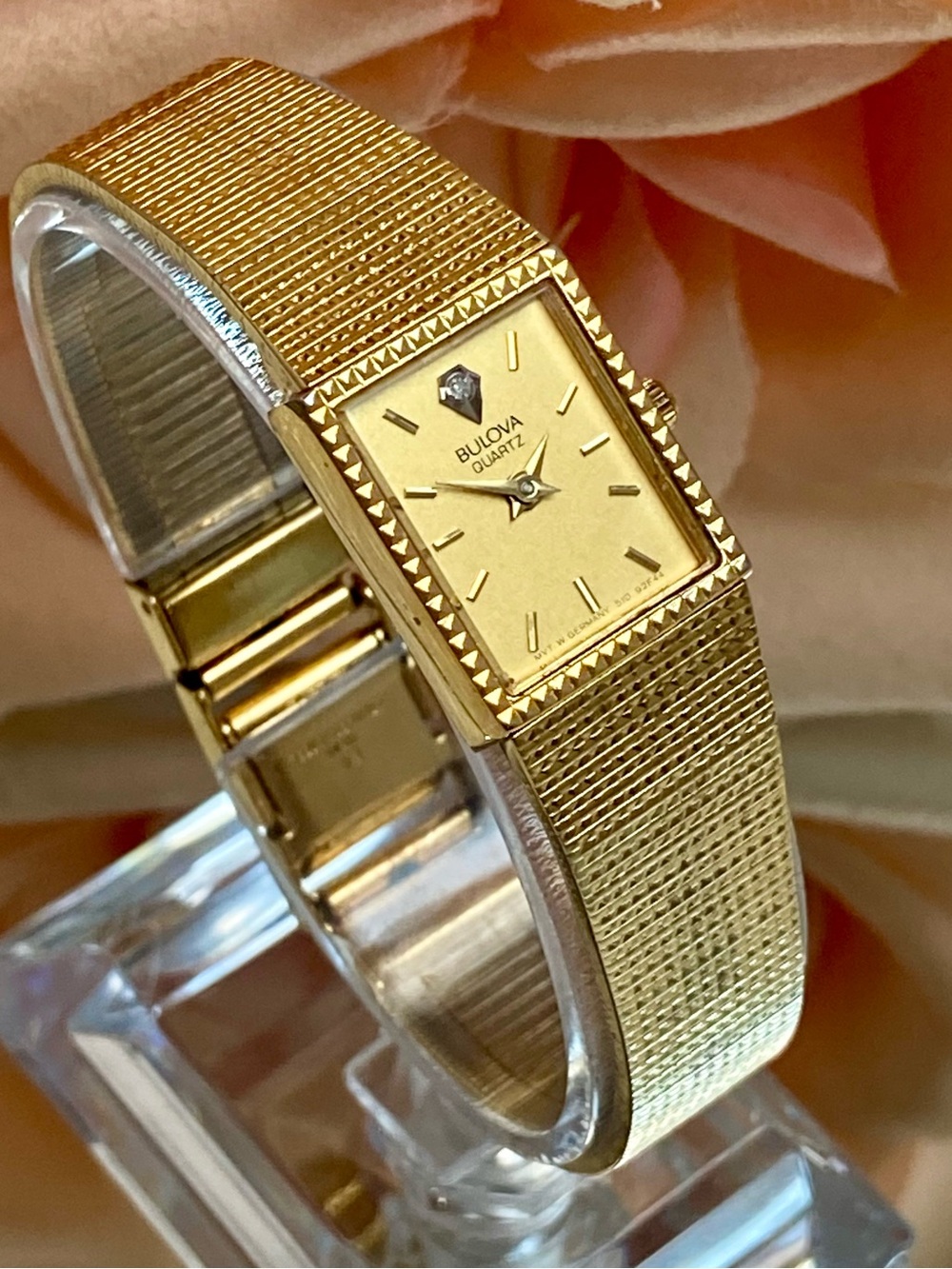 Vintage 1988 Bulova Diamond Accented Dial Rectangle Case Dress Watch W. German